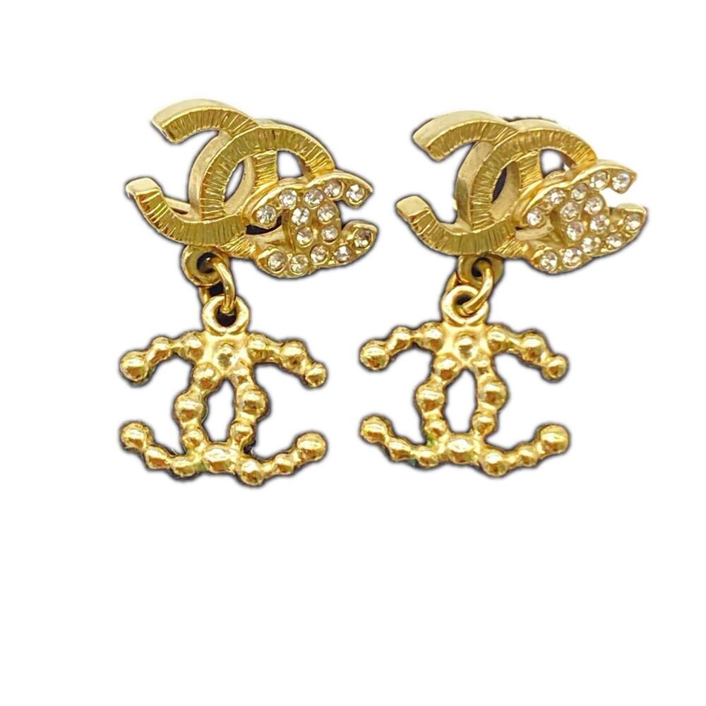 CHANEL Triple Coco Mark Rhinestone Earrings, Gold Finish, No Backs, Women's